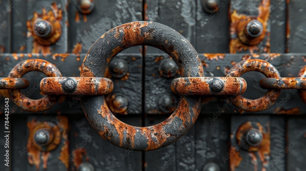 A tight shot of a corroded metal door featuring a ring in its center and a hollowed-out circular opening A tight shot of a corroded metal door featuring a ring in its center and a hollowed-out circular opening