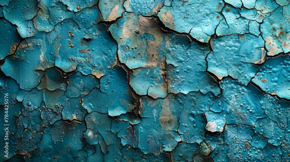   A tight shot of blue and green paint on weathered wood, revealing peeling paint at the edge