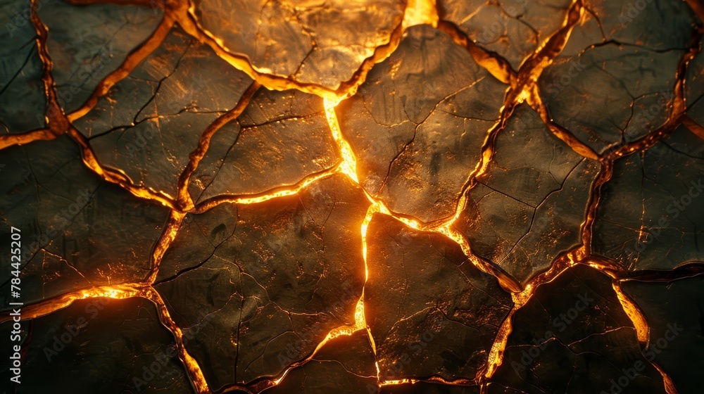   A tight shot of a fissured surface, illuminated by light emanating from the cracks in its heart, plus radiance originating from the cracks atop - obrazy, fototapety, plakaty 