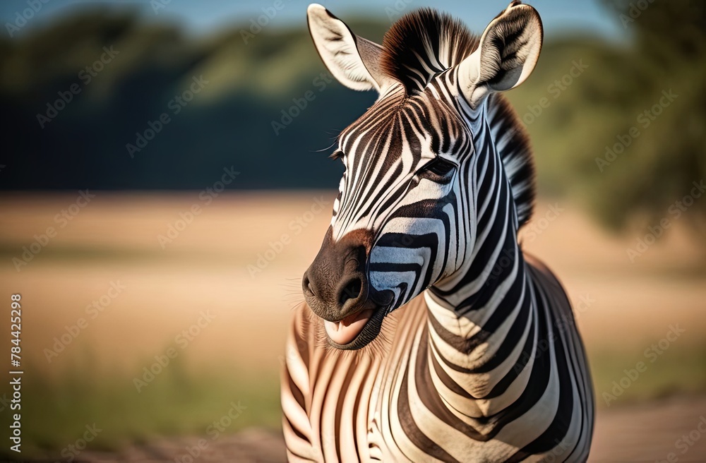 Naklejka premium Zebra smiles. Zebra with mouth open looking like it is laughing and happy