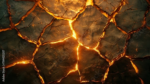   A tight shot of a fissured surface, illuminated by light emanating from the cracks in its heart, plus radiance originating from the cracks atop photo