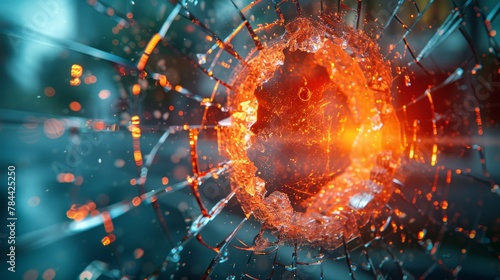  A tight shot of a shattered glass pane, displaying a circular hole in its center The backdrop is indistinctly blurred