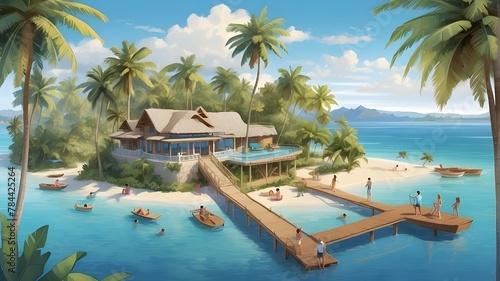 Design an illustrated map showcasing an idyllic island retreat with top-down views of beachfront villas and overwater bungalows. Include colorful illustrations of palm trees swaying in the gentle bree © Naveed Arts