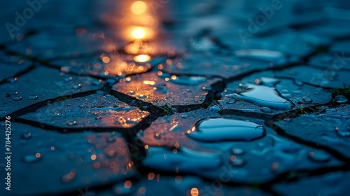   A tight shot of raindrops on the ground, with a street light casting a warm glow in the background, and another street light illuminating the foreground