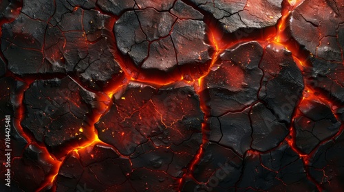   A detailed shot of a fissured surface, exuding red and yellow flames from its splintered seams photo