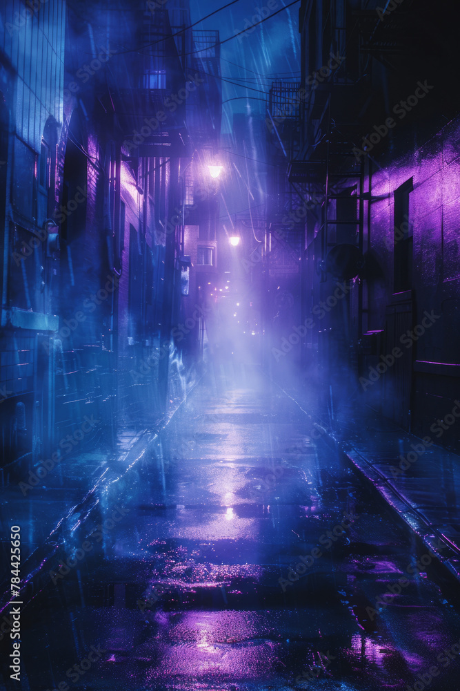 A dark cyberpunk alley in Gotham city, shrouded in fog and rain ...