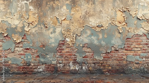  A red fire hydrant in front of a brick wall, showing peeling and chipped paint