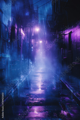 A dark cyberpunk alley in Gotham city, shrouded in fog and rain, portraying a corrupt and crime-infested metropolis with a mysterious and eerie ambiance.