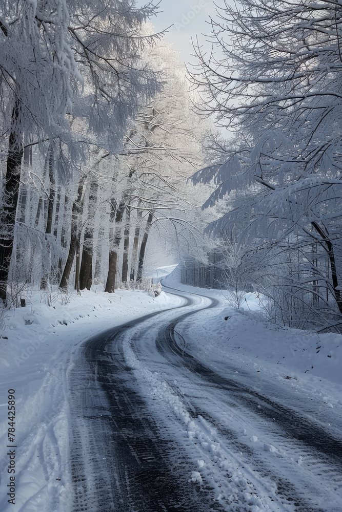 A tranquil winter scene featuring an icy driveway in a snowy forest path covered in frost and ice, portraying the serene beauty of nature in the cold season. A tranquil winter scene featuring an icy driveway in a snowy forest path covered in frost and ice, portraying the serene beauty of nature in the cold season.