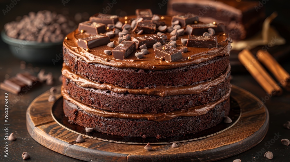 A chocolate cake, adorned with chocolate frosting and topped with chocolate chips, sits on a wooden platter Nearby, a bowl holds additional chocolate chips A chocolate cake, adorned with chocolate frosting and topped with chocolate chips, sits on a wooden platter Nearby, a bowl holds additional chocolate chips