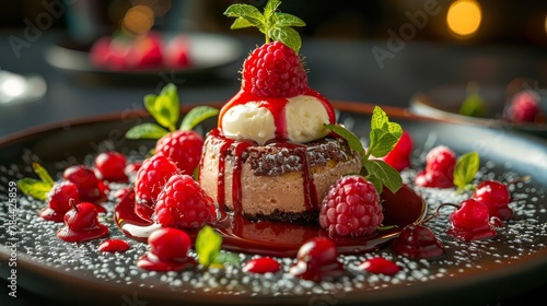   A dessert featuring raspberries and whipped cream atop it, displayed on a plate surrounded by various other desserts © Jevjenijs