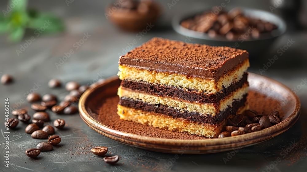 A cake sits atop a plate, accompanied by a mound of coffee beans and a cup of coffee nearby A cake sits atop a plate, accompanied by a mound of coffee beans and a cup of coffee nearby