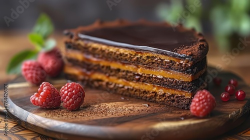  A slice of chocolate cake topped with raspberries on a rustic wooden platter - one section removed