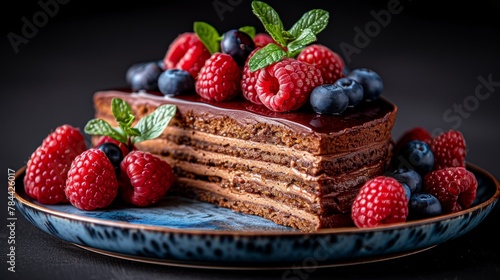   A cake slice topped with raspberries  blueberries  and more raspberries