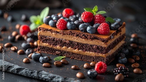  A slice of chocolate cake, adorned with berries and chocolate chips, sits elegantly on a slate platter Nearby, a knife and spoon invite indulgence