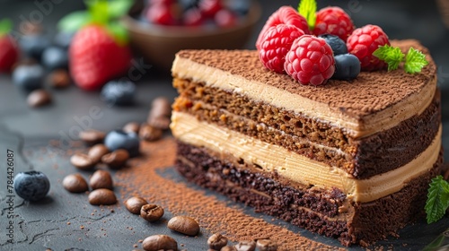  Chocolate cake topped with raspberries, blueberries, and encircled by chocolate chips