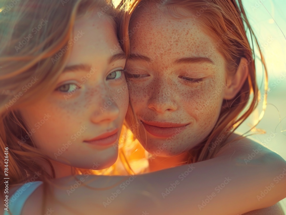 Fototapeta premium Two girls embracing on a sandy beach, perfect for friendship concepts