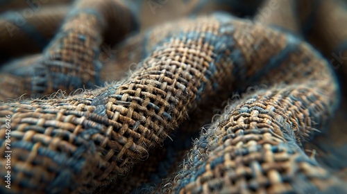   A tight shot of a blue-brown fabric, its weave pattern clear on one side Background shows a blurred expanse of the same fabric