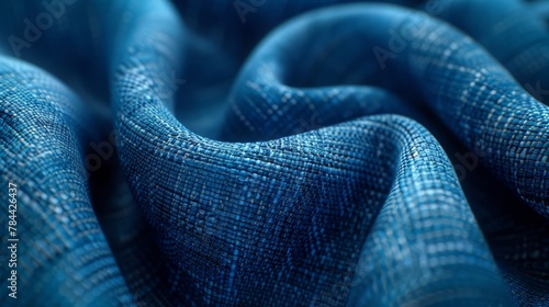  A tight shot of a blue fabric, the cloth's texture slightly out of focus, with an indistinct representation of its pattern in the middle