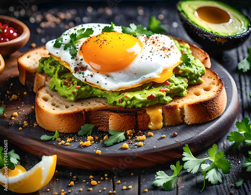 Illustration of tasty toast with guacamole and fried egg served on a dark wooden board. Healthy breakfast. mockup for reataurant menu. Generative AI.