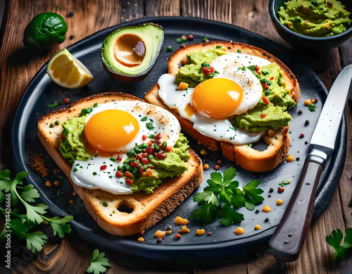 Illustration of tasty toasts with guacamole and fried egg served on a dark wooden plate. Healthy breakfast. mockup for reataurant menu. Generative AI.