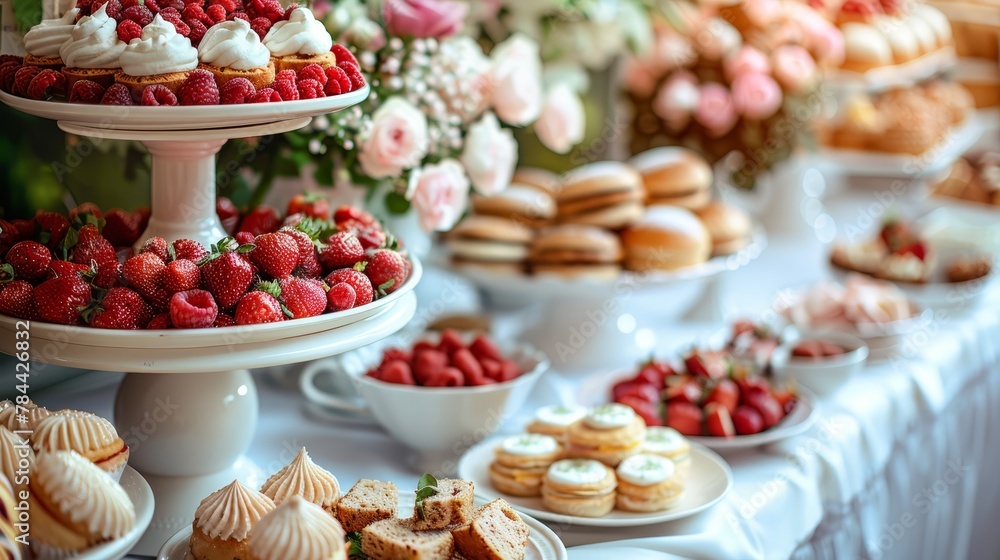 A selection of pastries and desserts on a white tablecloth, surrounded by pink flowers and lush greenery in the background A selection of pastries and desserts on a white tablecloth, surrounded by pink flowers and lush greenery in the background