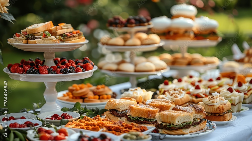   A assortment of pastries and desserts on a buffet table at weddings, bridal showers, or baby showers
