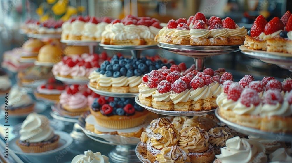   A display case brimming with numerous cupcakes, each generously frosted and adorned with raspberries and blueberries