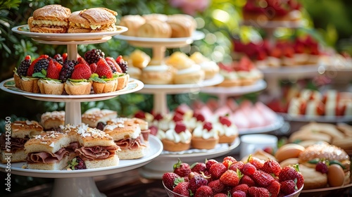  Trays showcase a selection of pastries and desserts against a backdrop of a sunny, green bush