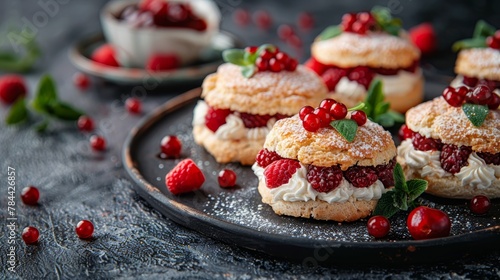   A black plate holds raspberry shortcakes  each topped with powdered sugar and adorned with fresh berries