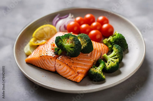 Grilled salmon with brocolli and tomatoes. 