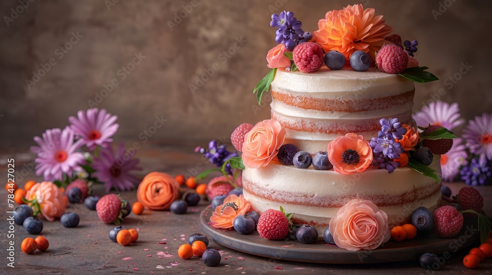   A three-tiered cake adorned with flowers and berries sits atop a plate Surrounding it on the table are additional arrangements of flowers and berries