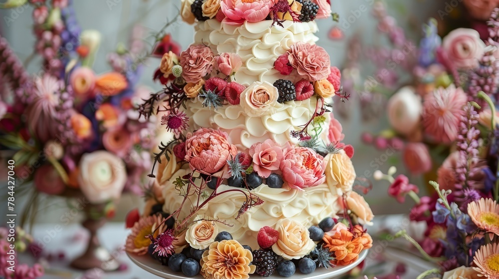   A multi-tiered cake, adorned with flowers and berries, sits elegantly on a silver platter Surrounding it are additional floral arrangements