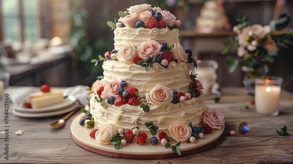 A three-tiered cake, adorned with flowers and berries, sits atop a weathered wooden table In the background, a solitary candle casts a warm glow A three-tiered cake, adorned with flowers and berries, sits atop a weathered wooden table In the background, a solitary candle casts a warm glow