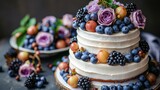   A tight shot of a cake on a plate, adorned with berries and flowers atop The remainder of the cake is visible on the dish