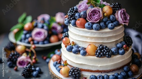   A tight shot of a cake on a plate, adorned with berries and flowers atop The remainder of the cake is visible on the dish photo