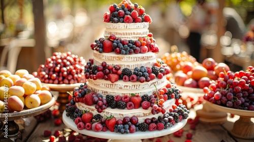   A wedding cake crafted from fruit rests on the table, surrounded by additional plates bearing apples and other fruits © Jevjenijs