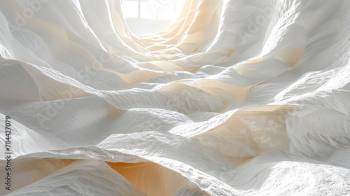  A bed is depicted with white sheets and a window above it, allowing sunlight to filter in from the top