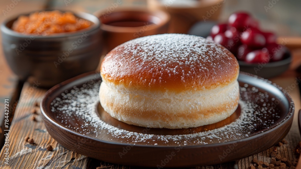   A bun atop a sugar-coated plate, adjacent to bowls of jelly and cherries