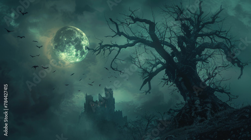 A hauntingly beautiful scene set on a spooky night with a full moon  a graveyard cemetery leading up to a creepy castle