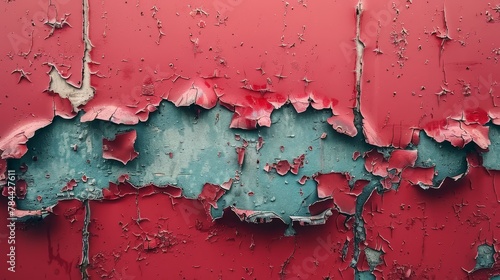  A detailed shot of peeling paint on a scarlet wall, revealing additional layers of flaking paint beneath
