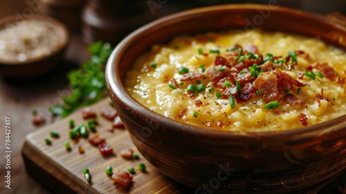Dishes of Ukrainian cuisine: Banush is a porridge made of corn groats, boiled with milk or cream, served with pieces of bacon and salted cheese cheese.