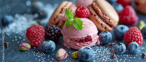Indulge in a gourmet summer dessert combining artisanal ice cream with fresh berries, macaroons, pistachio nuts, and chocolate for a decadent treat.