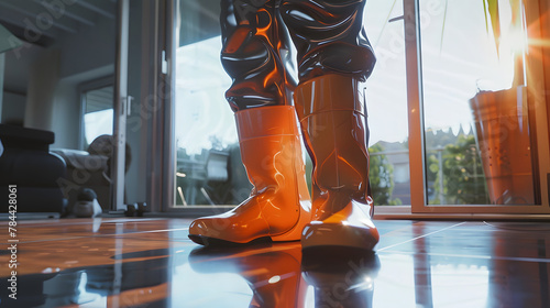Man mit Gummistiefel steht in einem überfluteten Haus  photo