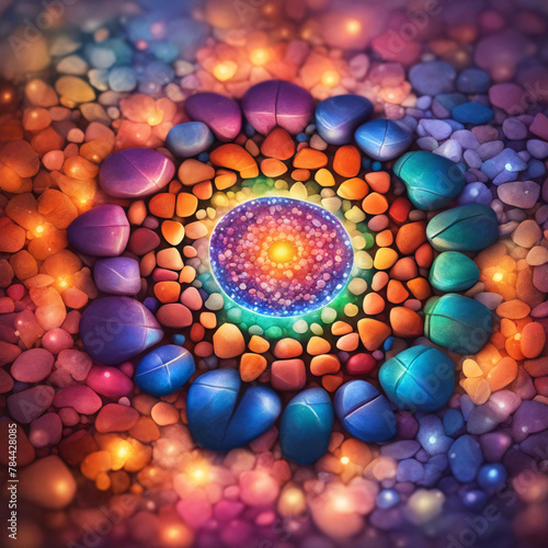 Abstract colorful glowing mandala made with decorated stones and pebbles. 