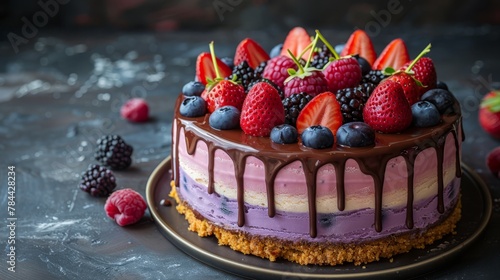  A cake topped with berries - raspberries included - and drizzled chocolate on a plate