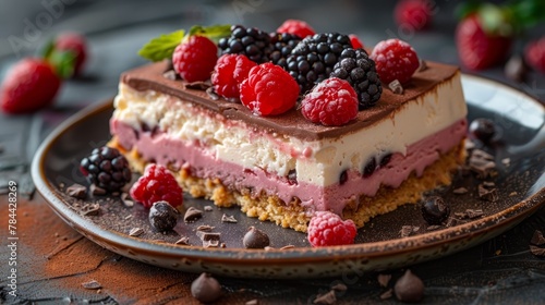   A cake slice with raspberries and chocolate chips, plus extra chips nearby