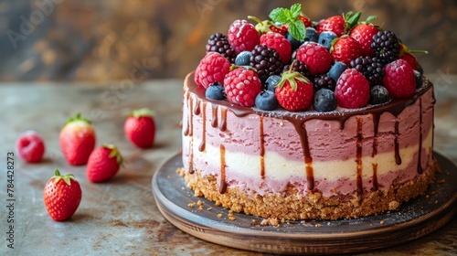  A tight shot of a cake on a plate, adorned with strawberries and raspberries nearby