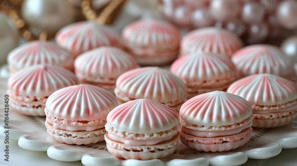   A white table is adorned with a plate bearing pink macaroons, atop a white tablecloth embellished with beads and pearls