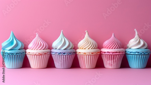  A pink background showcases a row of colorful cupcakes, each topped with pristine white frosting